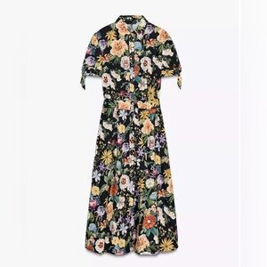 Zara Black Cotton Floral Button-Front Maxi Dress with Multicolor Blooms